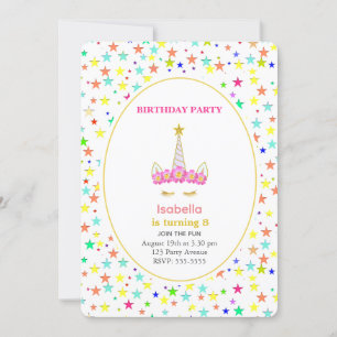 Invitation Fête d'anniversaire Licorne et Étoiles Multicolore