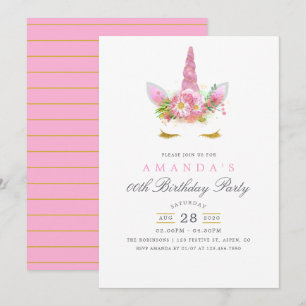 Invitation Fête d'anniversaire licorne florale rose et or pou