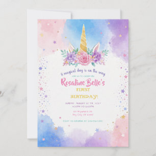 Invitation Fête d'anniversaire licorne magique rose arc-en-ci