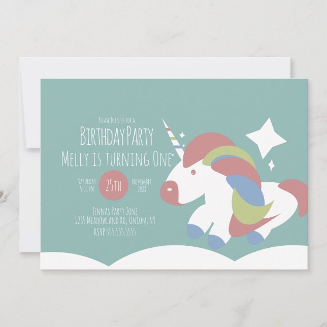 Invitation Fête d'anniversaire licorne Nuages Coloré Simple (Devant)