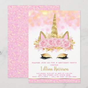 Invitation Fête d'anniversaire licorne or rose