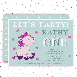 Invitation Fête d'anniversaire Licorne Rose Une 1ère