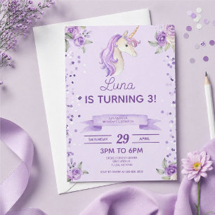 Invitation Fête d'anniversaire licorne violette paillettes co