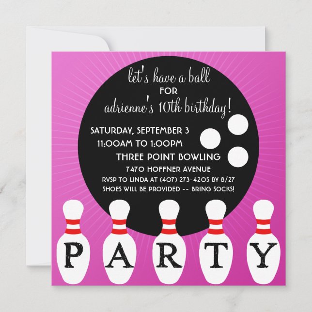 Invitation Fête d'anniversaire lilas de bowling de partie de (Devant)