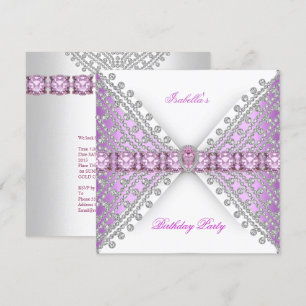 Invitation Fête d'anniversaire Lilas Rose Argent Blanc Diaman