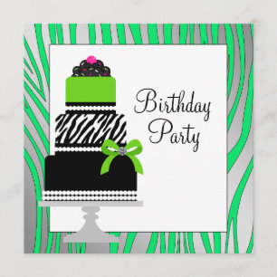 Invitation Fête d'anniversaire Lime Green Zebra Cake Cupcake