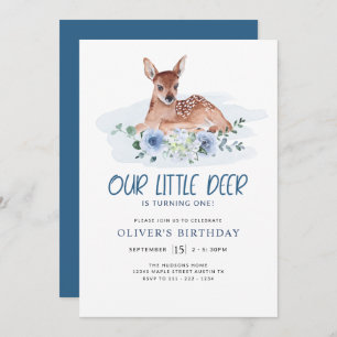 Invitation Fête d'anniversaire Little Deer Blue Floral Invit