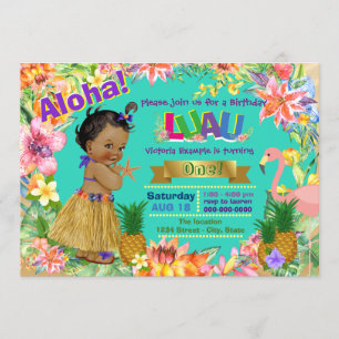 Invitation Fête d'anniversaire Luau Hawaïen pour fille afro-a