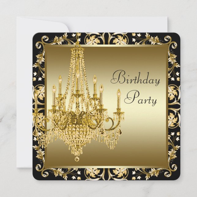 Invitation Fête d'anniversaire lustre noir et or (Devant)