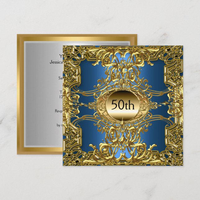 Invitation Fête d'anniversaire Luxe 50 ans Or Bleu Or Bleu (Devant / Derrière)