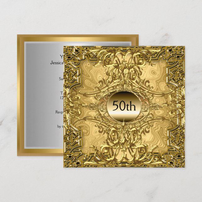 Invitation Fête d'anniversaire Luxe 50 ans Or Party Gold (Devant / Derrière)