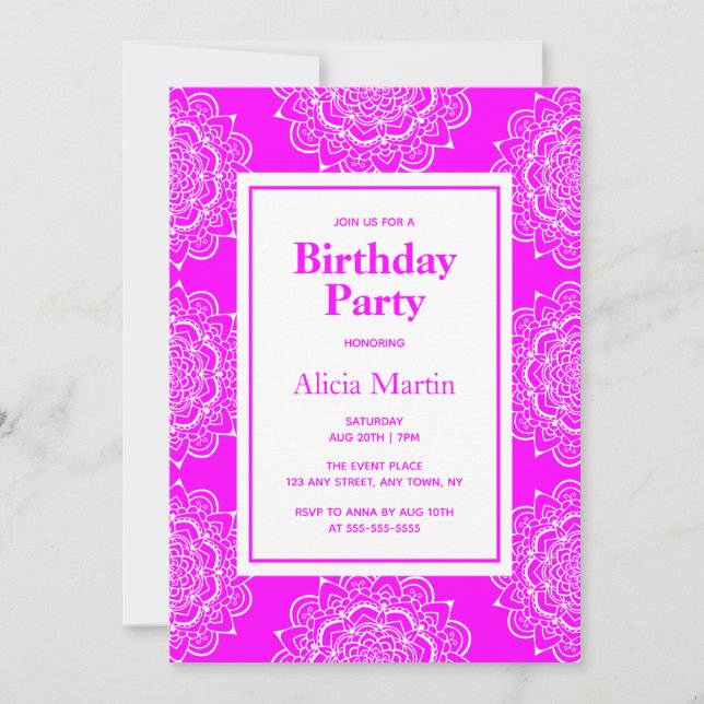 Invitation Fête d'anniversaire Magenta & White Mandala (Devant)
