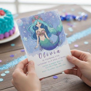 Invitation Fête d'anniversaire magique de sirène bleue et vio