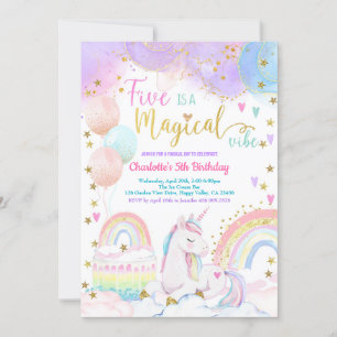 Invitation Fête d'anniversaire magique Licorne 5 ans Pastel A
