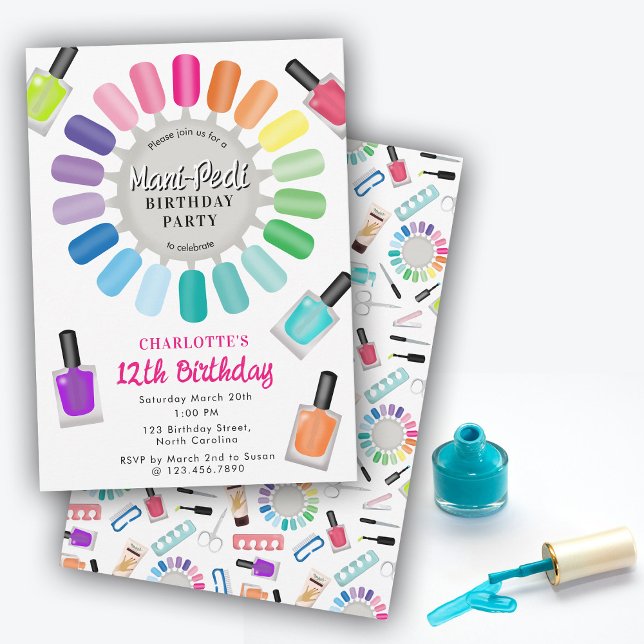 Invitation Fête d'anniversaire Manucure Pédicure Ongles Fille (Nails Manicure Pedicure Mani Pedi Girls Birthday Invitation)
