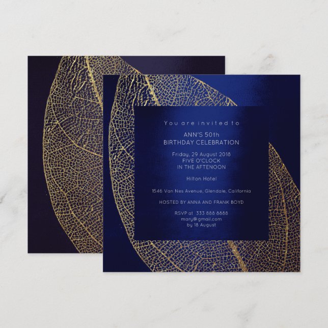 Invitation Fête d'anniversaire marine bleue d'or de feuille (Devant / Derrière)