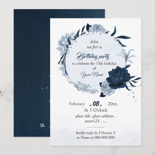 Invitation fête d'anniversaire marine et bleu poussiéreux (Devant / Derrière)