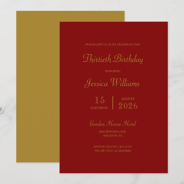 Invitation Fête d'anniversaire Maron & Gold (Devant / Derrière)