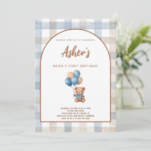 Invitation Fête d'anniversaire marron et bleu avec un ours en