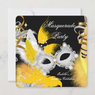 Invitation Fête d'anniversaire Mascarade Masque Jaune Blanc N
