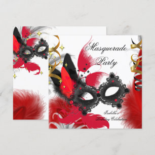 Invitation Fête d'anniversaire Mascarade Masque Rouge Noir Bl