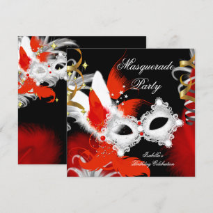 Invitation Fête d'anniversaire Mascarade Masque Rouge Noir Bl