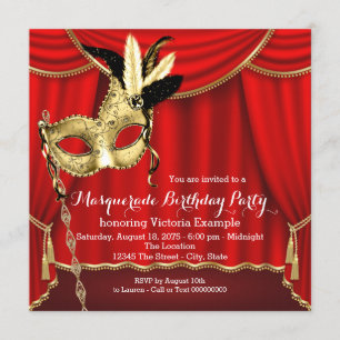 Invitation Fête d'anniversaire masquée rouge et or