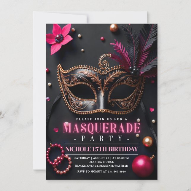 Invitation Fête d'anniversaire Masquerade élégante rose (Devant)