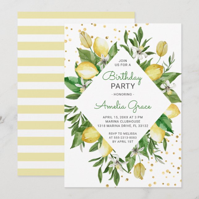 Invitation Fête d'anniversaire méditerranéenne Citrus moderne (Devant / Derrière)