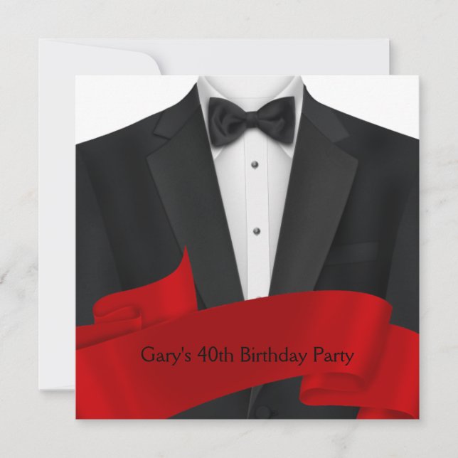 Invitation Fête d'anniversaire Mens Black Red Tuxedo (Devant)