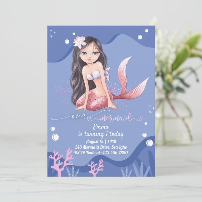 Invitation Fête d'anniversaire Mermaid personnalis (Debout devant)