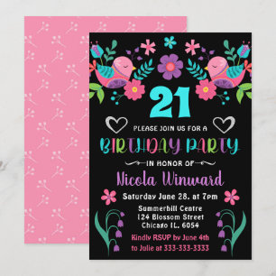 Invitation Fête d'anniversaire mexicaine avec oiseaux et fleu