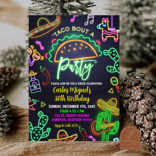 Invitation Fête d'anniversaire mexicaine néon Taco pour adult