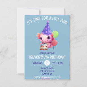 Invitation Fête d'anniversaire mignonne rose et bleu Axolotda
