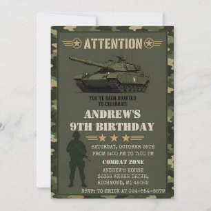 Invitation Fête d'anniversaire militaire avec camouflage pers