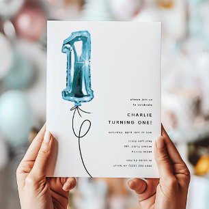 Invitation Fête d'anniversaire Minimal Blue One Balloon 1 an