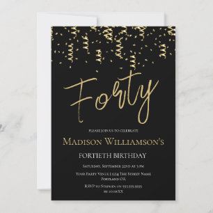 Invitation Fête d'anniversaire minimale 40 ans Black & Gold  