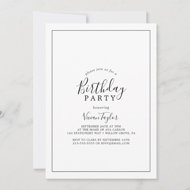 Invitation Fête d'anniversaire minimaliste (Devant)