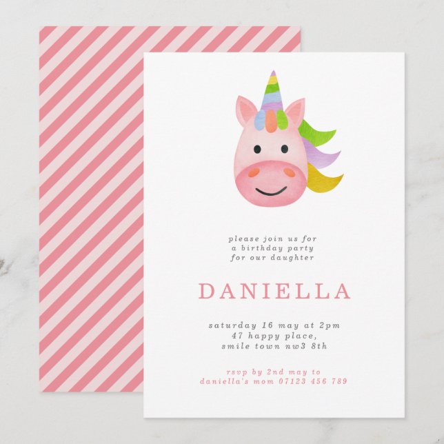 Invitation Fête d'anniversaire minimaliste Rainbow Unicorn Gi (Devant / Derrière)