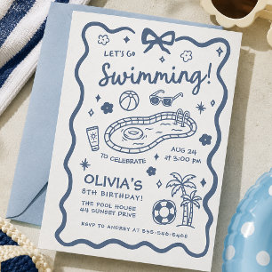 Invitation Fête d'anniversaire minimaliste rétro bleu Piscine