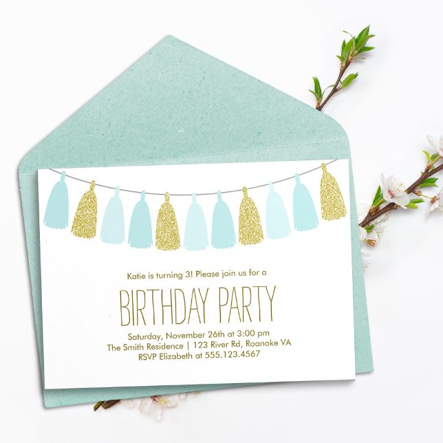 Invitation Fête d'anniversaire Mint et Gold Tassel Garland (Créateur téléchargé)