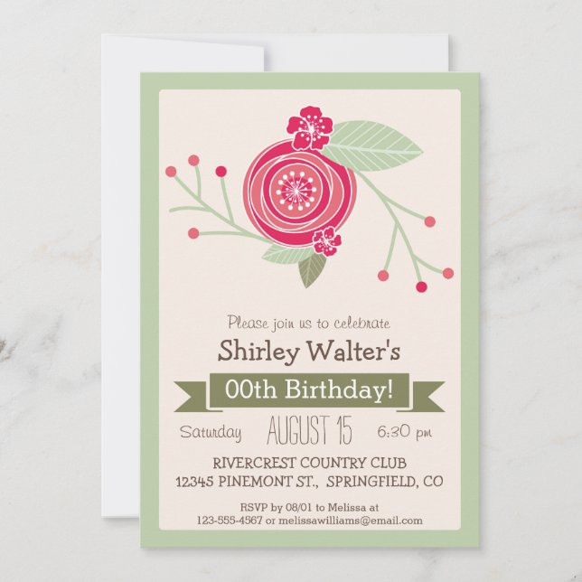 Invitation Fête d'anniversaire Mint Green & Pink Floral Adult (Devant)