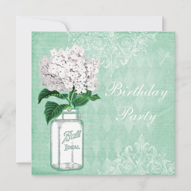 Invitation Fête d'anniversaire Mint Shabby Chic Jar et Hydran (Devant)