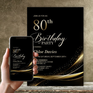 Invitation Fête d'anniversaire moderne Black and Gold 80th