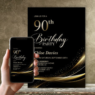Invitation Fête d'anniversaire moderne Black and Gold 90th