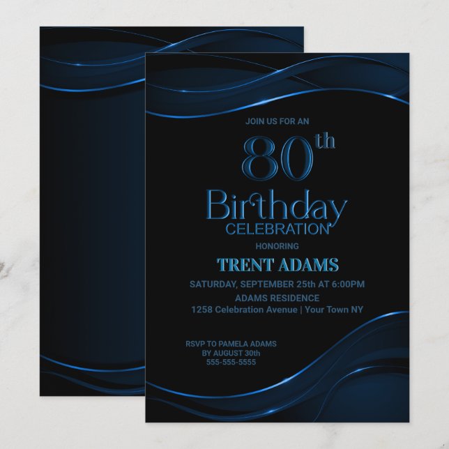 Invitation Fête d'anniversaire moderne Black Blue 80th (Devant / Derrière)