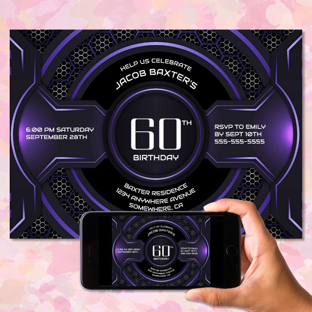Invitation Fête d'anniversaire moderne Black Purple 60e (Créateur téléchargé)