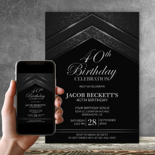 Invitation Fête d'anniversaire moderne Black Silver 40e