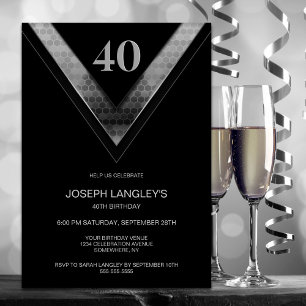Invitation Fête d'anniversaire moderne Black Silver 40e