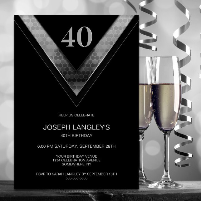 Invitation Fête d'anniversaire moderne Black Silver 40e (Créateur téléchargé)
